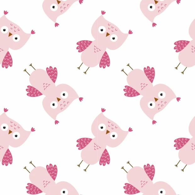 Pink owl wallpaper for girls\' room 0232 - Graphic design with pink owls in various poses on a white background.