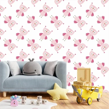 Pink owl wallpaper for girls\' room - Decorated in a bright children\'s space with light-colored walls and furniture.