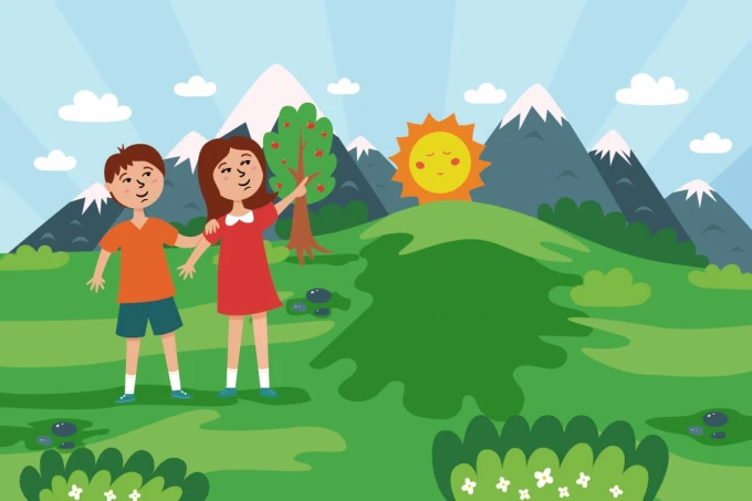 Children playing in a meadow wallpaper 0278 - Graphic design with kids on green grass, mountains and sun in the background.