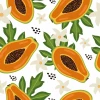 Exotic Fruits Papaya Wallpaper 0269 - Graphic design featuring orange papayas with white flowers and green leaves.