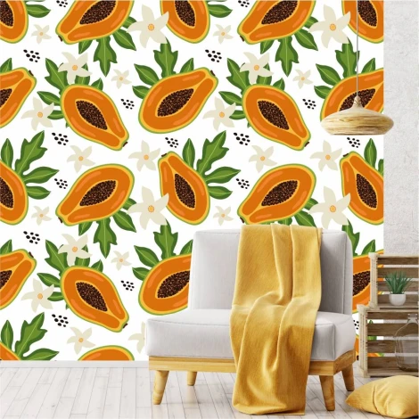 Exotic fruit papaya wallpaper 0269 - Living room decor with light walls featuring green and orange accents.