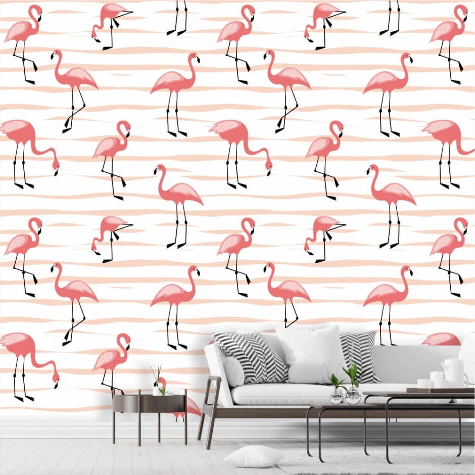 Flamingo Wallpaper 0231 - Living room setup with light-colored walls and muted furniture.