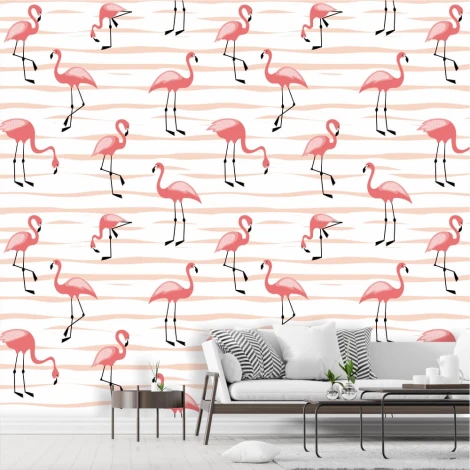 Flamingo Wallpaper 0231 - Living room setup with light-colored walls and muted furniture.