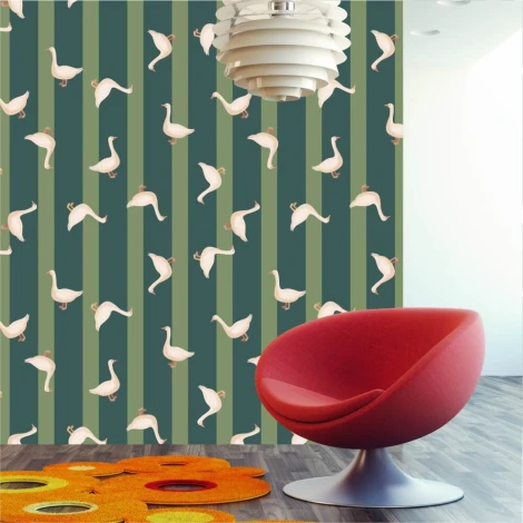 Goose Wallpaper 0237 - Modern living room decor with green and beige walls.