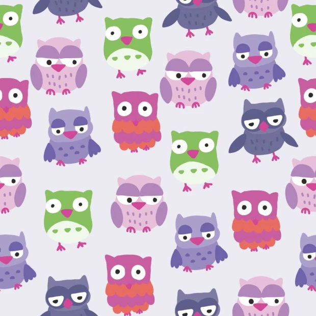 Colorful Owls Wallpaper 0265 - Graphic pattern featuring owls in various colors with round eyes and different shapes.