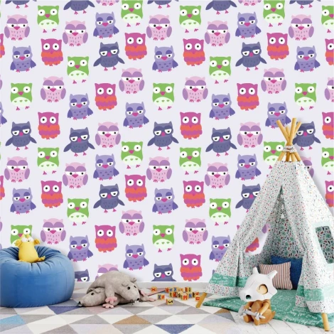 Colorful Owls Wallpaper 0265 - Decorated children\'s room with light walls, tent, and cushions in the background.
