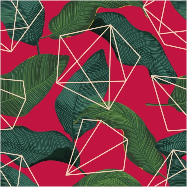 Wallpaper Lines, polygons, leaves 0244 - Graphic pattern. Green leaves on a red background with geometric shapes.