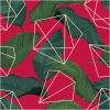 Wallpaper Lines, polygons, leaves 0244 - Graphic pattern. Green leaves on a red background with geometric shapes.