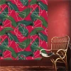 Wallpaper Lines, polygons, leaves 0244 - Living room decor. Dark red walls with green leaves and geometric shapes.