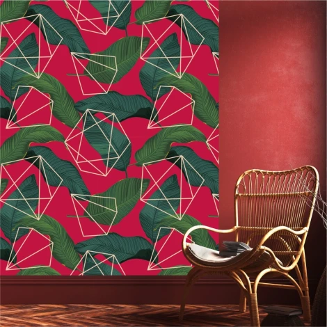 Wallpaper Lines, polygons, leaves 0244 - Living room decor. Dark red walls with green leaves and geometric shapes.