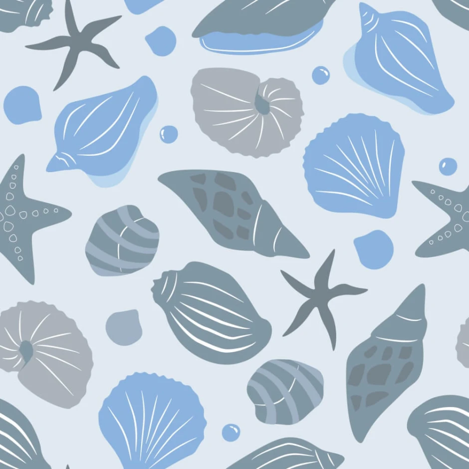 Children\'s wallpaper Shells 0254 - Graphic design featuring seashells and starfish in shades of blue and gray.