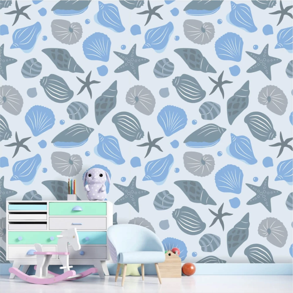 Children\'s wallpaper Shells 0254 - Decorated in a kids\' room with light-colored walls and pastel furniture.