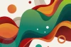 Abstract Waves Wallpaper 0253 - Graphic design featuring waves in shades of green, orange, and red with circles.