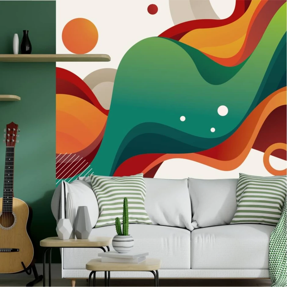 Abstract Waves Wallpaper 0253 - Living room setup with a green wall and a light sofa with cushions.