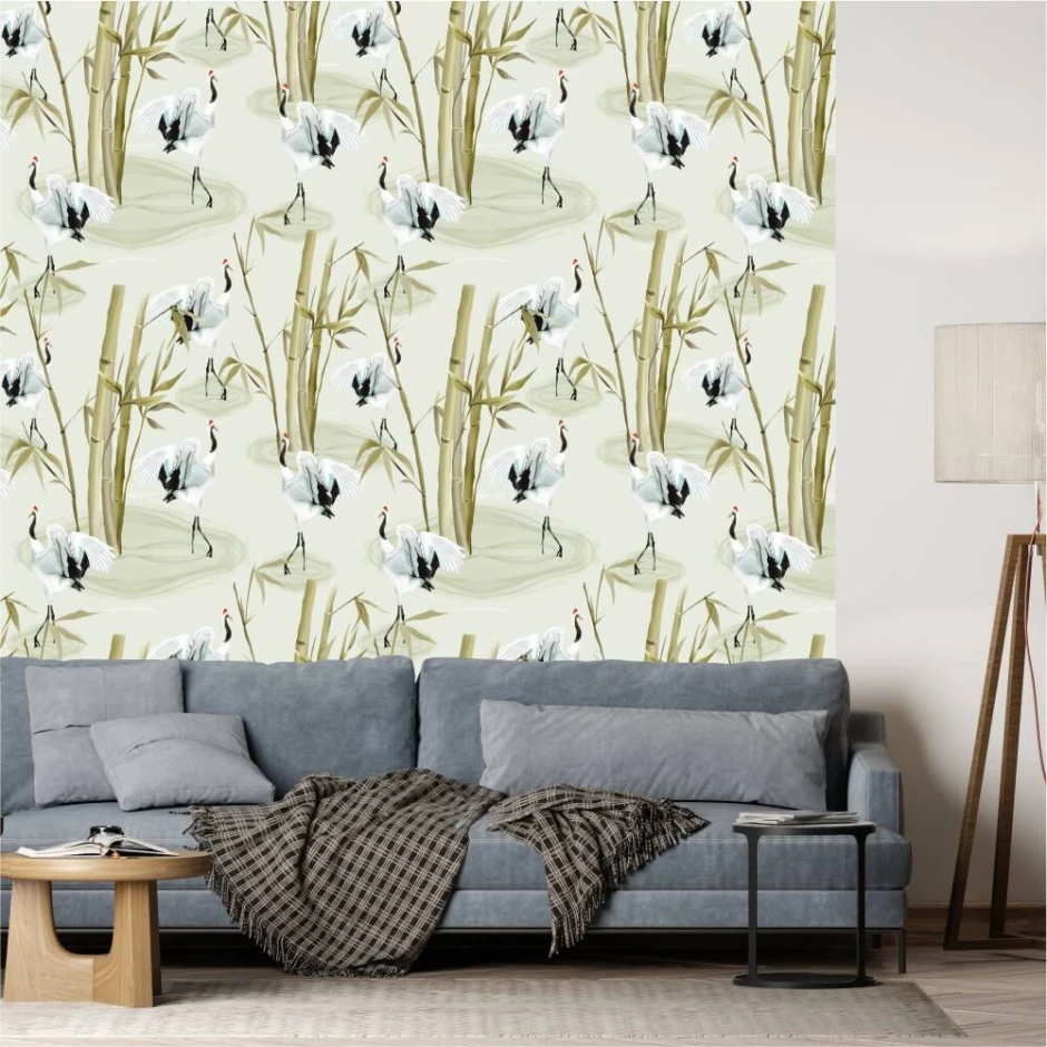 Wall wallpaper Herons, bamboo 0264 - Living room decor. Light-colored walls, gray-toned furniture.