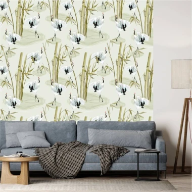 Wall wallpaper Herons, bamboo 0264 - Living room decor. Light-colored walls, gray-toned furniture.