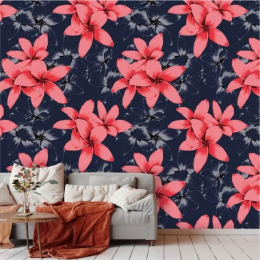 Red flower wallpaper 0273 - Living room decor. Dark blue background with large red flowers.