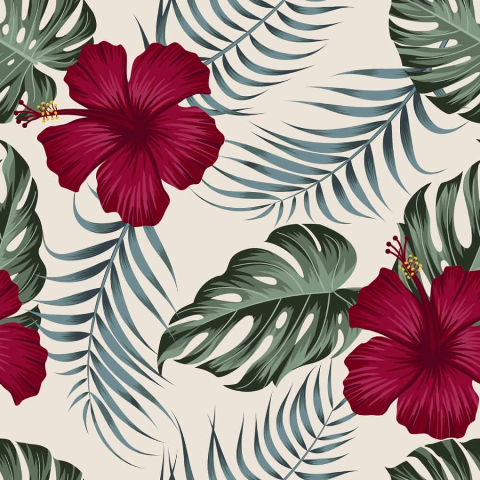 Hibiscus Flowers Wallpaper 0234 - Graphic design featuring red hibiscus flowers against green leaves.