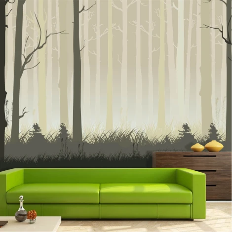 Forest Wallpaper 0245 - Living room setup with light-colored walls and green furniture.