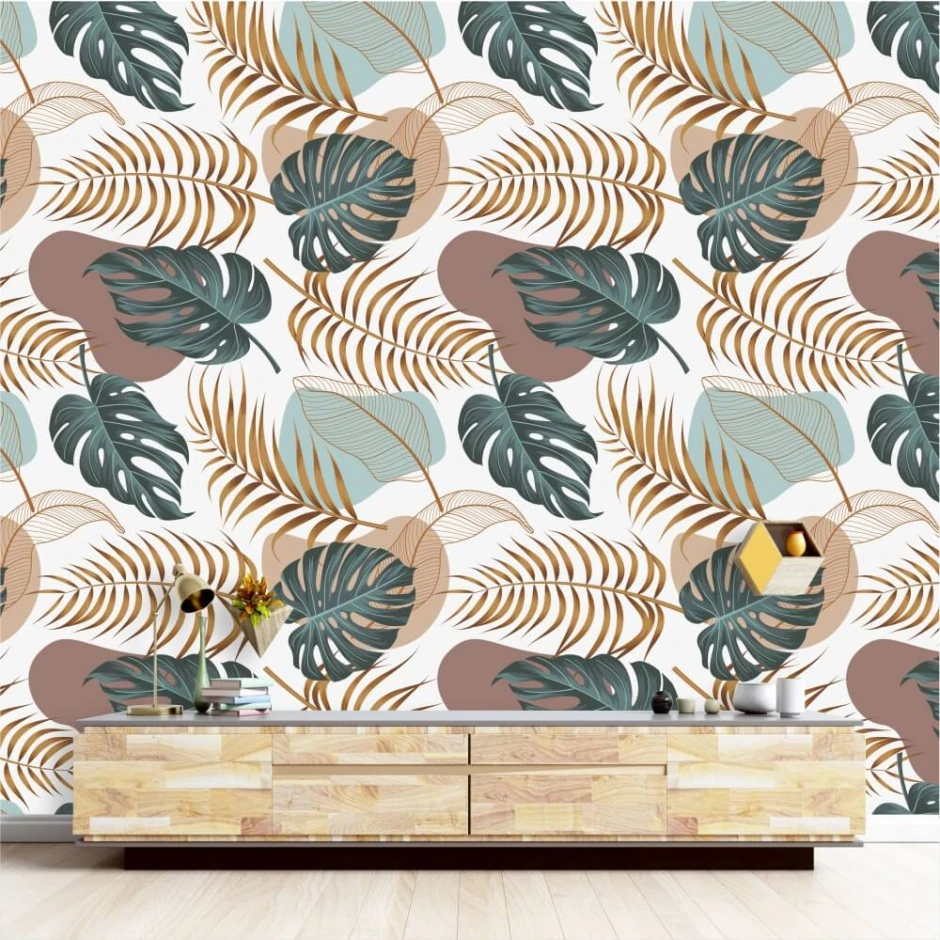 Leaf Wallpaper 0235 - Living room setup with light-colored walls and wooden furniture.