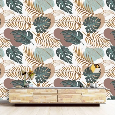 Leaf Wallpaper 0235 - Living room setup with light-colored walls and wooden furniture.