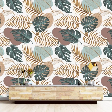 Leaf Wallpaper 0235 - Living room setup with light-colored walls and wooden furniture.