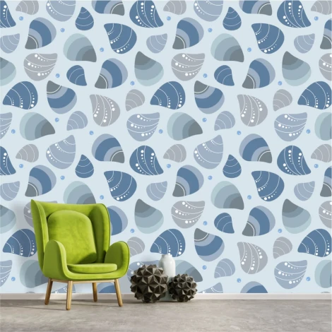 Sea Shells Wallpaper 0256 - Living room decor with light walls, green armchair, and decorative elements.