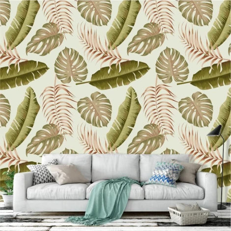 Tropical Leaves Wallpaper 0241 - Living room setup with light walls and furniture.