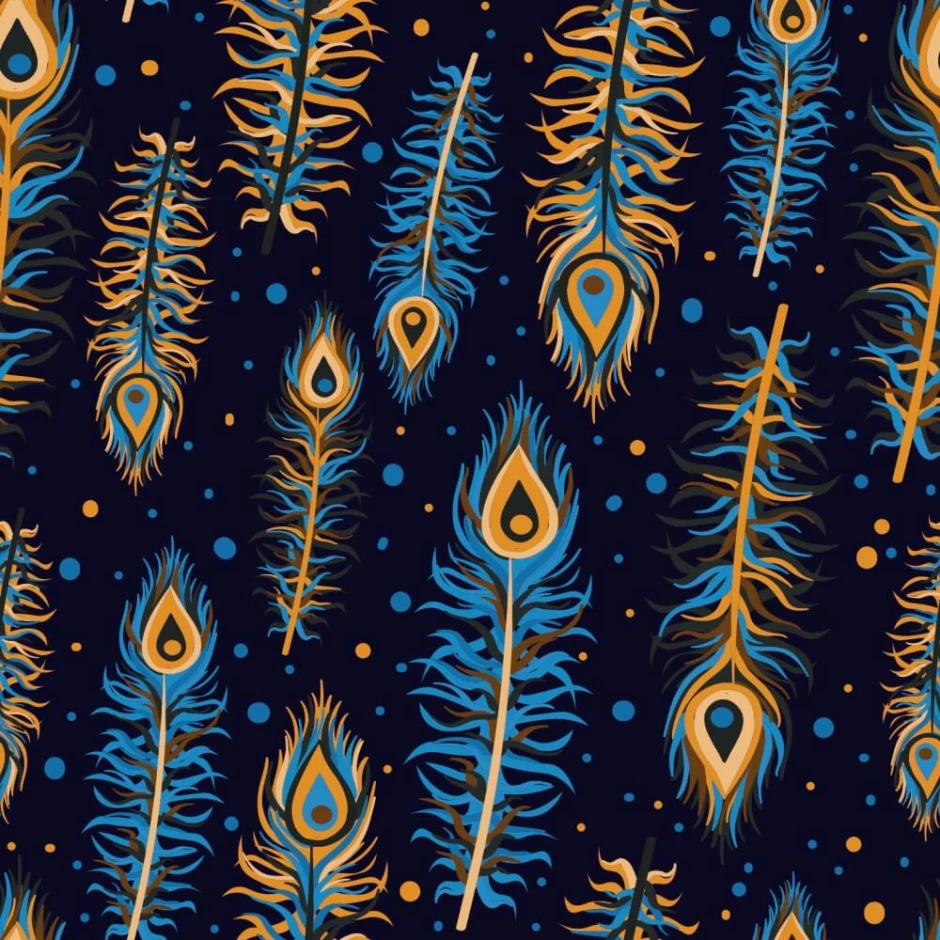 Peacock feathers wallpaper 0236 - Graphic design featuring blue and gold peacock feathers on a dark background.