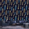 Peacock feather wallpaper 0236 - Living room decor. Dark walls with blue and gold patterns.
