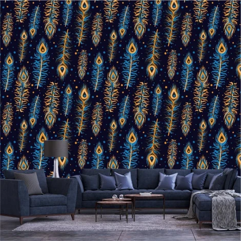 Peacock feather wallpaper 0236 - Living room decor. Dark walls with blue and gold patterns.