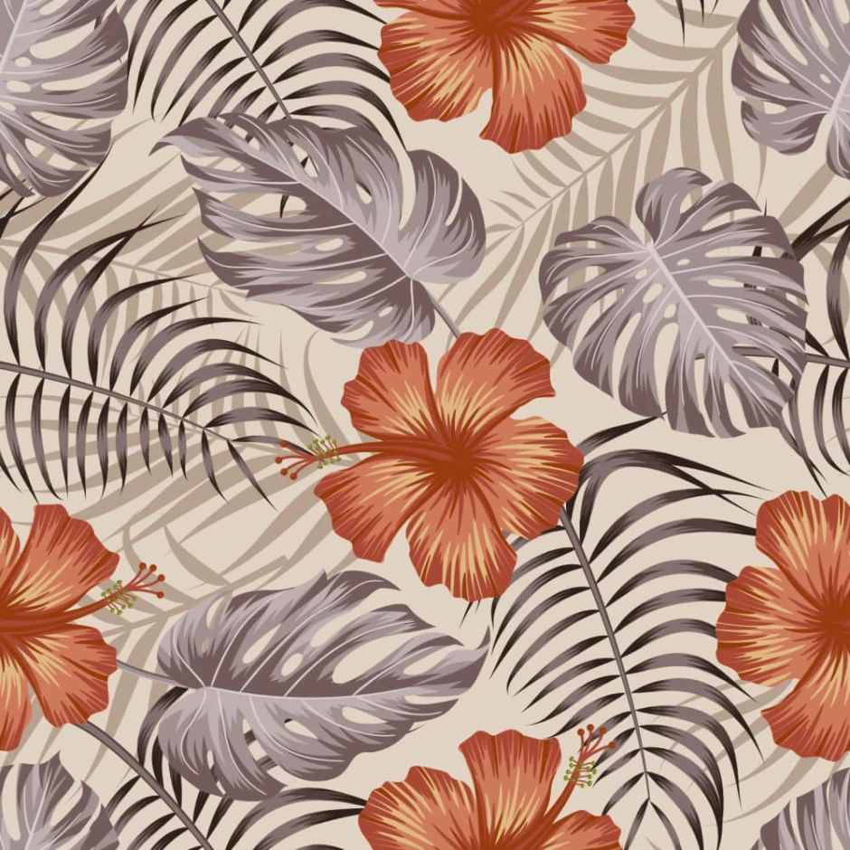Orange flower wallpaper 0243 - Graphic design with orange flowers against a gray-beige leaf background.