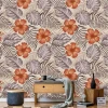 Orange flower wallpaper 0243 - Living room decor with light walls and plant elements.