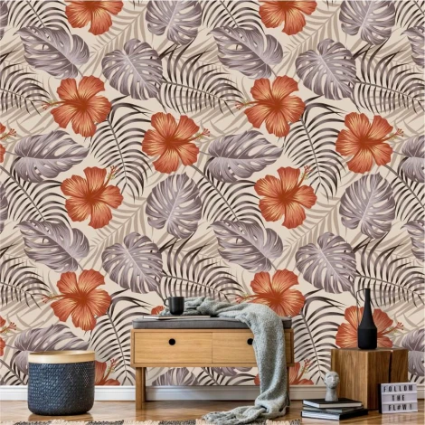 Orange flower wallpaper 0243 - Living room decor with light walls and plant elements.