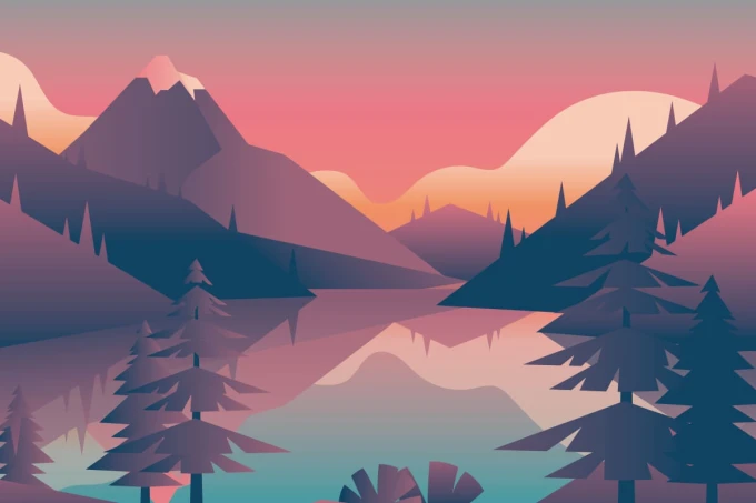 Mountain Lake Wallpaper 0277 - Graphic design with geometric shapes of mountains, lakes, and trees in pastel colors.
