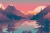 Mountain Lake Wallpaper 0277 - Graphic design with geometric shapes of mountains, lakes, and trees in pastel colors.