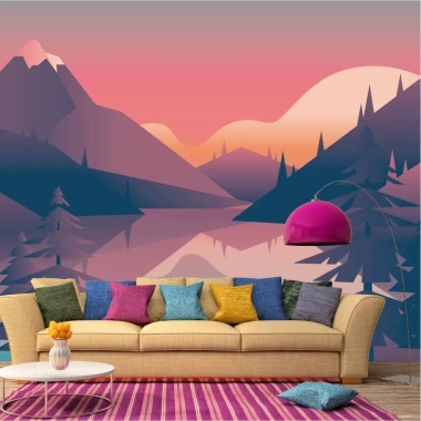 Mountain Lake wallpaper 0277 - Living room decor with blue and pink wall shades.