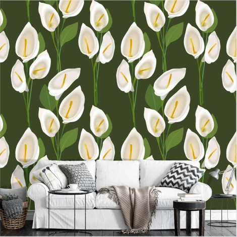 Calla 0250 wallpaper - Living room setup with dark walls, light sofa, and geometric patterned cushions.