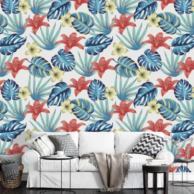Tropical flowers wallpaper with colorful leaves 0240 - Living room decor. Light walls and bright furniture.