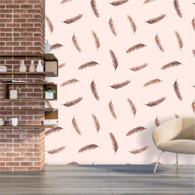 Feather Swirl Wallpaper 0228 - Styled in a modern living room with light walls, a brick accent, and minimalist decor.