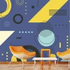 Geometric pattern wallpaper 0251 - Living room decor with navy walls and yellow and blue accents.