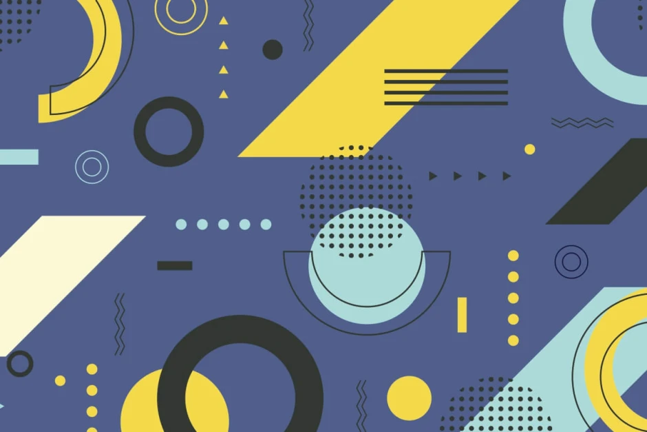 Geometric Pattern Wallpaper 0251 - Blue background with yellow and black triangles, circles, and lines.