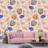 Tropical pattern wallpaper with flamingos 0276 - Blue flamingos on a light pink background with leaves.