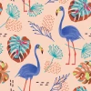Tropical pattern wallpaper with flamingos 0276 - Blue flamingos on a light background with leaves.