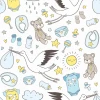 Stork wallpaper featuring toys and baby clothes in muted colors with storks, clouds, and sun design.