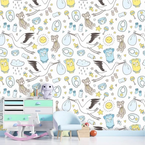 Stork wallpaper with toys and baby clothes design featuring storks, toys, clouds, and sun in pastel colors.