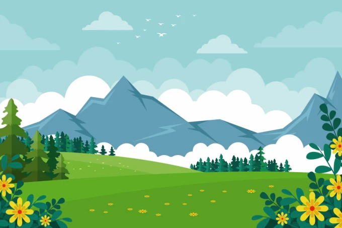 Children\'s wallpaper Mountain Landscape 0280 - Graphic design featuring mountains, green hills, clouds, and flowers.