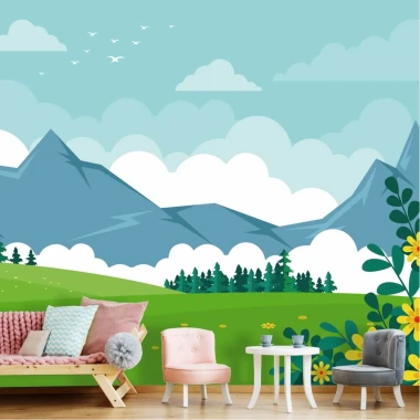 Children\'s wallpaper Mountain Landscape 0280 - Brightly colored walls and pastel furniture in a kids\' room setting.