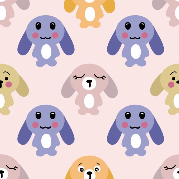 Children\'s wallpaper Colorful Rabbits 0293 - Graphic design with multicolored rabbits in various poses on a light background.