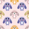 Children\'s wallpaper Colorful Rabbits 0293 - Graphic design with multicolored rabbits in various poses on a light background.